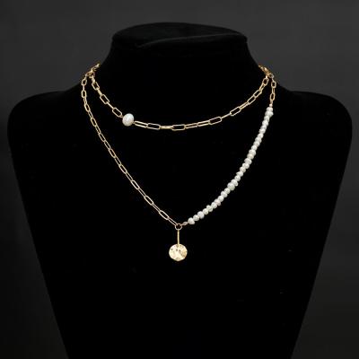 China Hiphop Delicacy Layered Pearl Necklace Freshwater Handmade 18K Gold Plated Disc Multilayer Necklace Adjustable Bar Necklaces for sale