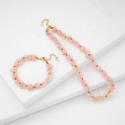 China CLASSIC Women Kids Cute Crystal Rope Fashion Crystal Cotton Bracelet Necklace Powder Jewelry Set Rose Quartz Beaded Bangle Necklace for sale