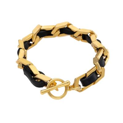 China CLASSIC Women Leather Wrap Gold Chain Bracelet Unisex Black Leather Bracelet Cuff Jewelry 18cm Long for sale