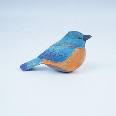 China Minimalist Hand Carved Wooden Bird Decor Sculpture Christmas Ornaments Home Painted Blue Bird Figurines for sale