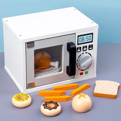 China Wooden Wooden Microwave Toys Kitchen Play Set Cook Kids Pretend Play Oven With Play Food for sale