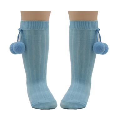 China 2021 Antibacterial Big Pom Pom Socks Blue Cotton Baby Socks for sale