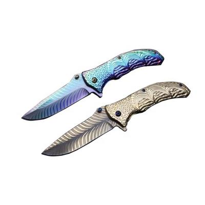 China UTILITY KNIFE Amazon tactical knife with color titanium and gold handle exterior steel pattern embossed utility knife for sale