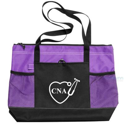 China Logo Printed Purple 600D Polyester Eco Friendly Custom Shopping Carry On Tote Bag With Zipper for sale