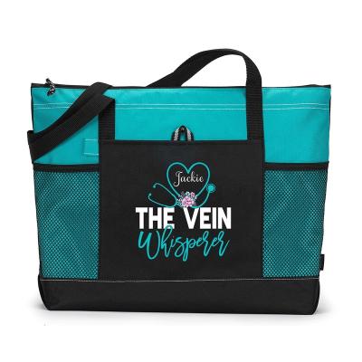 China Cheap Custom Turquoise and Black 600d Polyester Personalized Stethescope Nurse Gift Nursing Tote Bag for sale