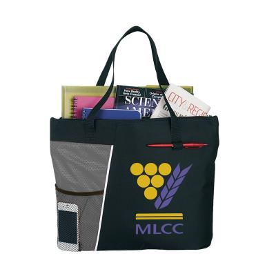 China Custom Heavy Duty Double Handles Mesh Pocket 600d PolyCanvas Large Luxury Long Zipper Bag For Trade Show for sale