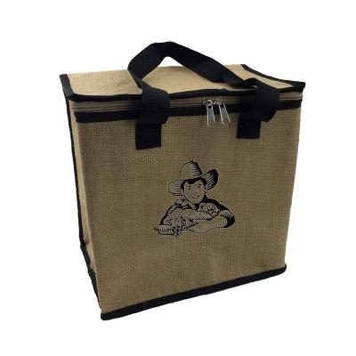 China Reusable of Waterproof Custom Eco Friendly Natural Zippered Company Logo Insulated Jute Cooler Bag for food for sale