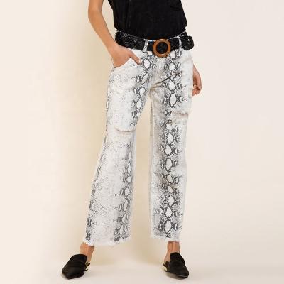 China 2022 hot sale women denim python print breathable snake skin pattern blue print high waist women hollow out denim pants jeans for sale