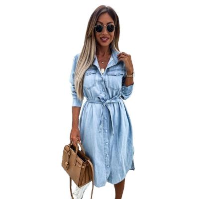 China Anti-Static New Designs Open Front Denim Dress Jeans Long Sleeves Belt Decoration With Split Edge Washed Denim Lady Shirt Dresses for sale