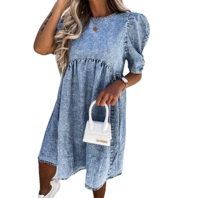 China Good Denim Anti-Static Blue Color Washed Denim Fabric For Short Puffed Dresses One Line Dress Ruffles Sleeves Ladies for sale