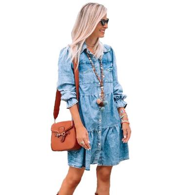 China Long Lantern Sleeves Anti-Static Front Open With Buttons Vintage Wash Color Round Down Collar China Supply Denim Lattice Shirt Dresses Women for sale