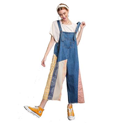 China Factory Breathable Wholesale Supply New Fashion Trends Denim Patched Cotton Fabric Comfort Overalls Denim Overalls High Quality Women for sale