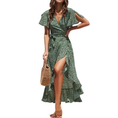 China Anti-wrinkle Floral Print V-Neckline Dresses New Summer Ruffle Sleeve Slit Midi Women's Slim Chiffon Dress for sale