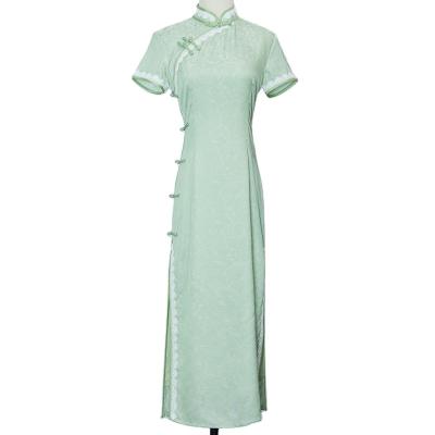 China 2021 New Fashion Soft Jacquard Green Elastic Long Cheongsam Dress Qipao Custom Made for sale