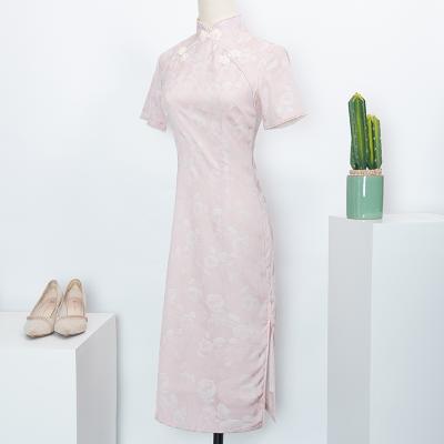 China Wholesale Soft Promotional Women's Satin Jacquard Prices Pink Qipao Cheongsam Dress for sale