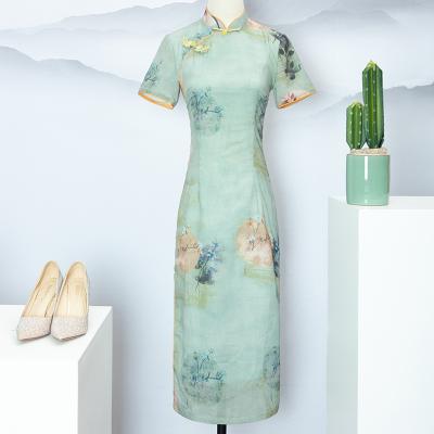 China Soft Fashionable Satin Jacquard Soft Green Qipao Cheongsam Chinese Traditional Dress for sale