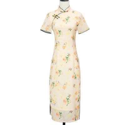 China Women Yellow Cheongsam Jacquard Soft Satin China Even Modern Qipao Wholesale for sale