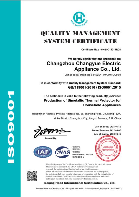 ISO9001 - Changzhou Changyue Electric Appliance Co., Ltd.