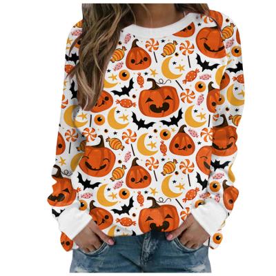 China Wholesale Monogram Casual Women's Halloween Print T-shirt Pumpkin Print QUICK DRY V-Neck Long Sleeve Women's Blouses and Shirts for sale