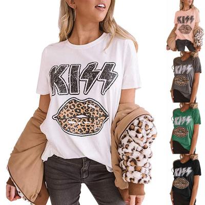 China 2021 New Arrival Breathable Leopard Print T-shirt Lip O-neck Short Sleeve Plus Size Women's Blouses And Shirts In Stock for sale