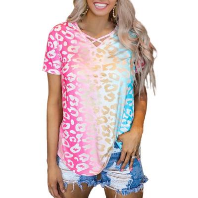 China 2020 Anti-Shrink Sleeveless V-neck Loose Hot Shirt Rainbow Style Gradient Printing Gradient Dress Short Sleeve T-shirt for sale