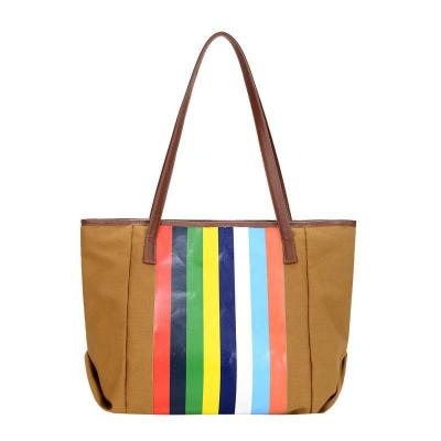 China Custom Fashion Promotion Women's Natural Durable Cotton Stripe Rainbow Color Canvas Shoulder Shopping Tote Bag For Boutique Large for sale