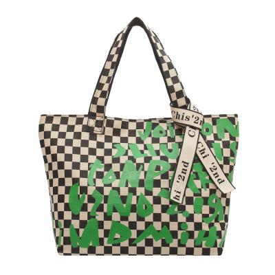 China Lady Reusable Canvas Shopping Bag Lattice Custom Tote Cotton Shopping Bag Eco Friendly Canvas Tote Bags Large Capacity for sale