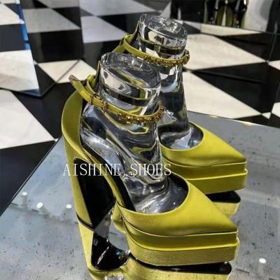 China AP035MH 2022 New Arrivals Breathable Satin Block Sandal Luxury Pump Shoes Fashion Custom Made Quality Chunky Women High Heel Rhinestone Pumps for sale