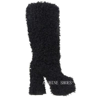 China Fashion Trend AB059MH Women Fashion New Fur Vegan Shearling Chunky Heel Knee High Boo Platform for sale