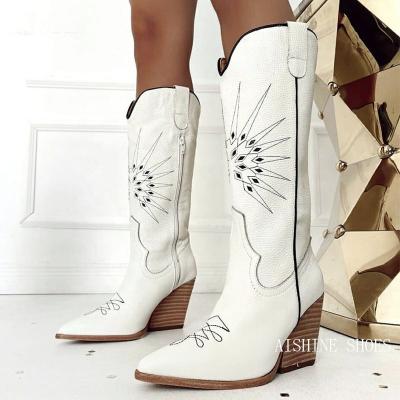 China Winter fashion trend AB029PH designers high heel ladies white leather boots women chunky knee boot for sale