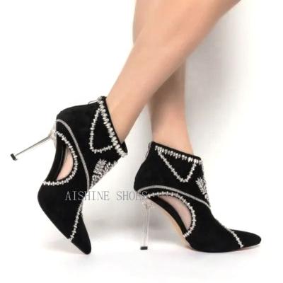 China Fashion Trend AB078ML Rhinestone Pointed Toe High Heel Short Boots For Women Fashion Clear Heel Women Ankle Boots for sale