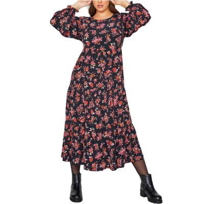 China Washable Plus Size Long Sleeve Elegant Scoop Neck Floral Autumn Dress Casual Maxi Dress Tiered Shirt for sale