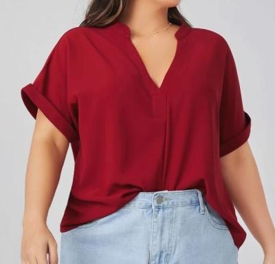 China 2022 New Arrivals Hermosa Plus Size Large Size Blusa Plus Size Solid Color Notch Neck Rolled Cuff Top for sale