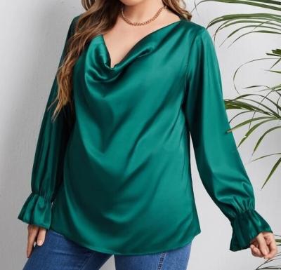 China Plus Size Hermosa Blusa Office Lady Women Plus Size Satin Cowl Neck Ruffle Sleeve Blouse for sale