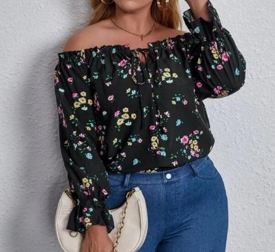 China Women Plus Size Street Style Plus Size Ruffle Trim Off The Shoulder Floral Blouse for sale