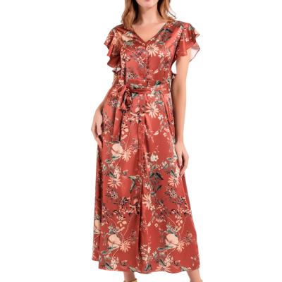 China Satin Breathable Elegant Romantic Vintage V-Neckline Floral Print Ruffles Maxi Long Dress For Women for sale