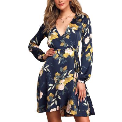 China Floral Print Breathable Elegant Dress Autumn Casual V-Neckline Long Satin Mini Wrap Dress for sale