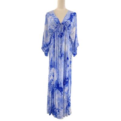 China Elegant Deep V Neckline Butterfly Sleeve Tie Dye Breathable Beach Summer Boho Maxi Oversize Dress For Vacation for sale