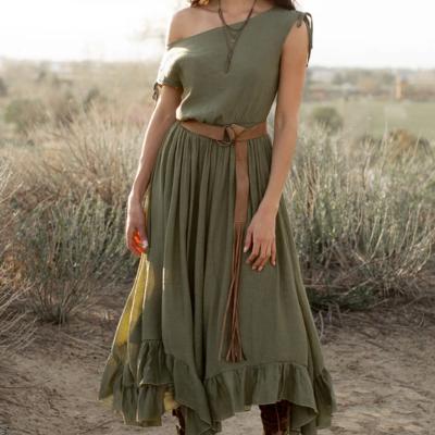 China Boho Vacation Dress One Shoulder Breathable Elegant Tie Elastic Waist Ruffles Women Maxi Dress for sale