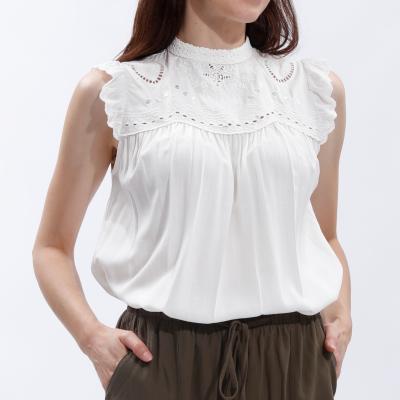 China Cute Summer Breathable Lace Embroidery Ruffles Top Casual Sleeveless Elegant Blouses For Women for sale