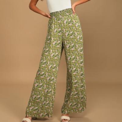 China QUICK DRY Women Style Light Green Floral Print Smocked Leg Blooming Wide Leg Pants For Summer for sale