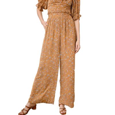 China Golden Yellow Floral Printing Style Breathable Women High Waist Casual Blooming Wide Leg Pants for sale