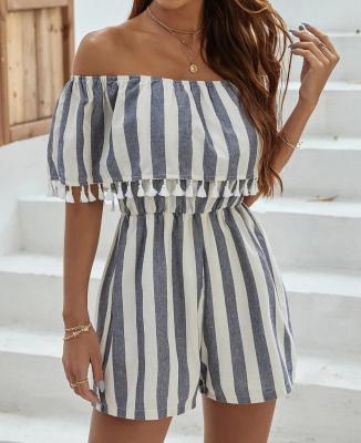 China Women Breathable Romper Cute Summer Striped Fringe Off Shoulder Trim Bardot Romper for sale