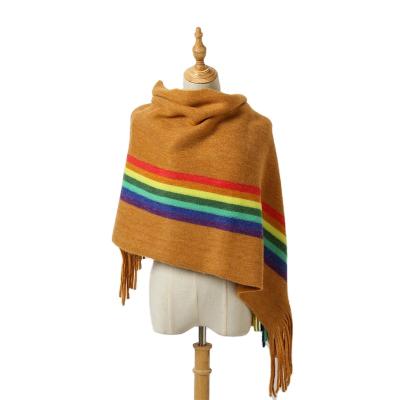 China 2021 Korean Daily Life Rainbow Stripe Scarf For Women Autumn And Winter Thickened Imitation Cashmere Shawl for sale