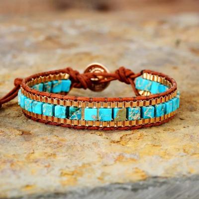 China Beach Party Gift Women Wrap Bracelets Turquoise New Stones Gold Chain Woven Wrap Bracelet Statement Bohemian Jewelry for sale