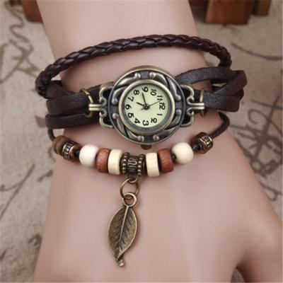 China Hollow Out Women Girl Vintage Watches Bracelet Wristwatches Leaf Lady Leather Pendant Womans Wrist Watch Bracelet Gift Womens Watch for sale