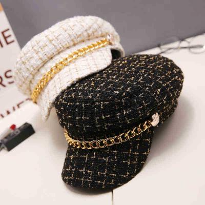 China Picture Military Hat Autumn Winter Wool Sailor Hat for Women Black Flat Top Travel Cadet Captain Cap Chain Beret Female Hat for sale