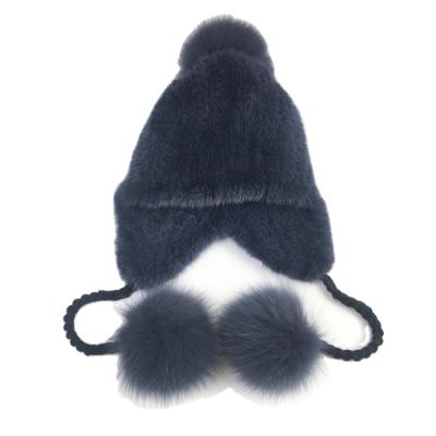 China Medium Women Mink Fur Knitted Bobble Hat Pom Pom Beanie Hats Earmuff Winter Cap from Liyafur for sale