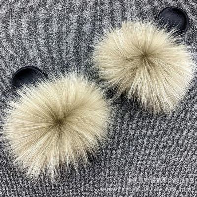 China Factory Wholesale Fshion Light Ladies Flush Fox Fur Costume Real Pom Poms Fur Slides In Volume for sale