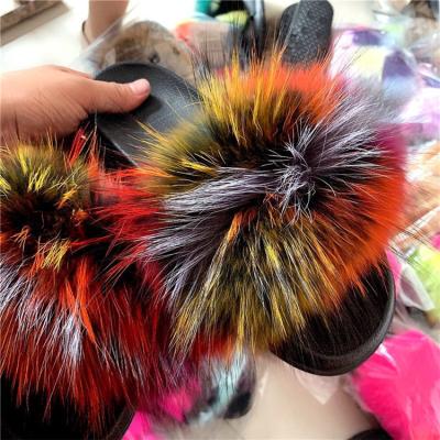 China Factory Wholesale Lightweight PVC Slides Colors Sandals Woman Custom Fluffy Designer Racoon Fur Slides for sale